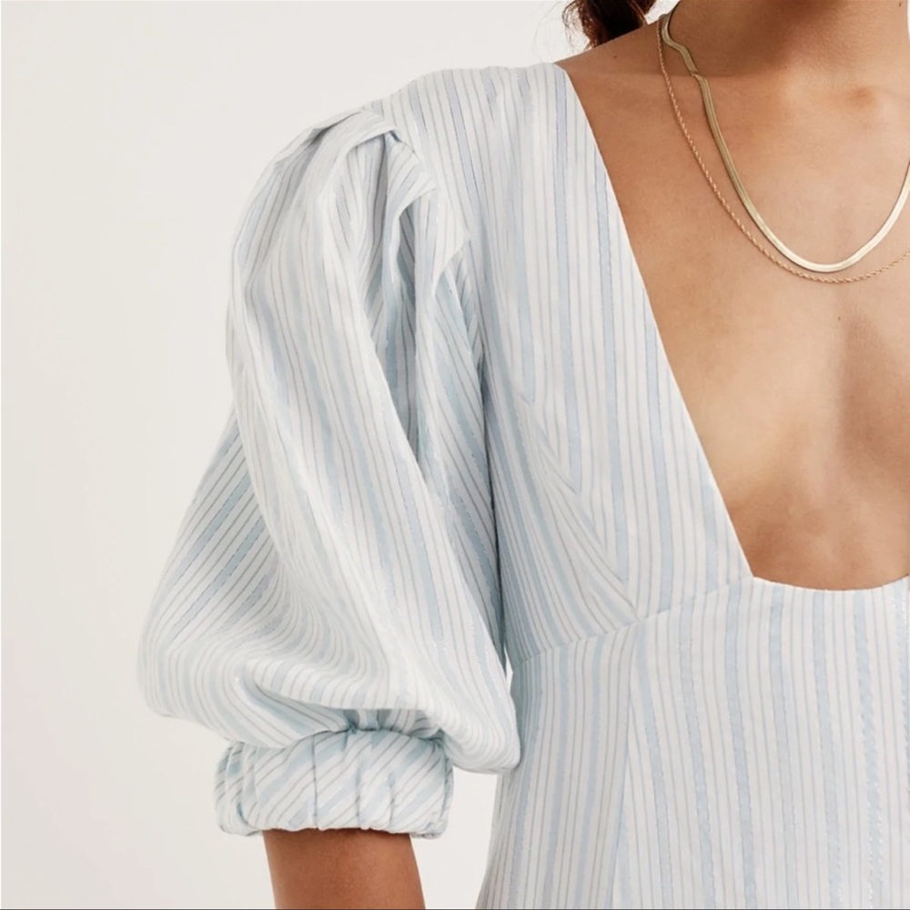 NWT For Love and Lemons Leslie Mini Dress Light Blue Size XS Metallic Stripe - Picture 2 of 10